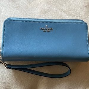 Kate Spade blue pebbled leather double zip large wallet wristlet